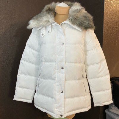 Pre-owned Sam Edelman Cream Water Repellent Puffer Coat With Zip Off Faux Fur Collar In Multicolor