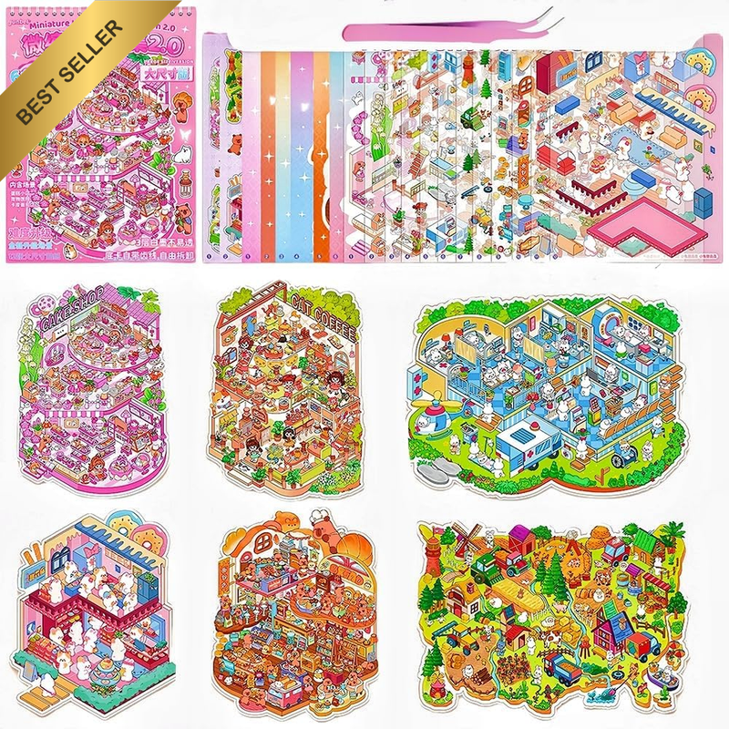 6 Sets 3D Scene Stickers Pink Large Scene,Diy Miniature House Sticker with Tweez