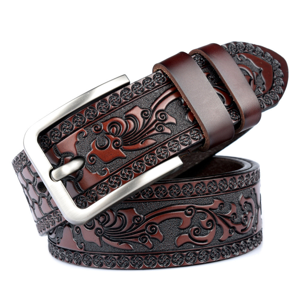 Mens Genuine Leather Embossed Belt Vintage Pattern Pin Buckle Waistband