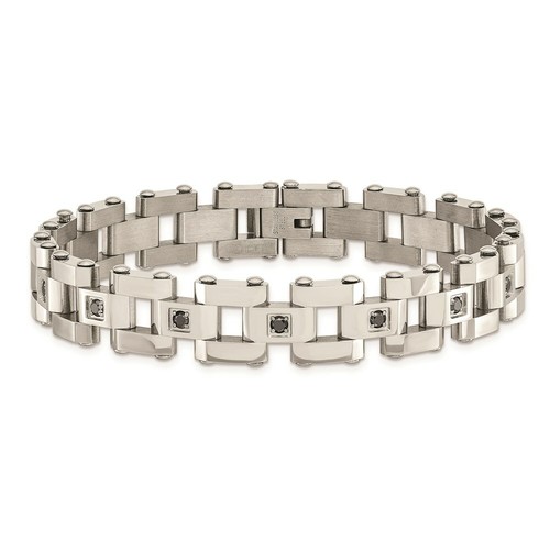 Pre-owned Chisel Stainless Steel Polished & Black Diamonds 8.5in Bracelet In White