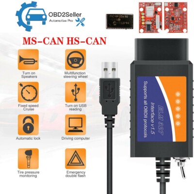 USB Scan ELM327 V1.5 OBD2 Adapter USB Diagnostic Tool Cable MS/HS CAN for Ford