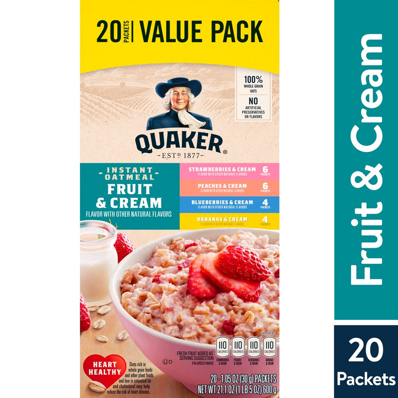 Quaker Instant Oatmeal Oats Fruit Cream Variety Pack 1.1oz 20 Count Whole Grain