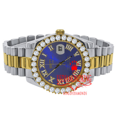 Pre-owned Bling Master 18k 2 Tone Gold Solid Steel Blue Dial Simulated Diamond Presidential Mens Watch