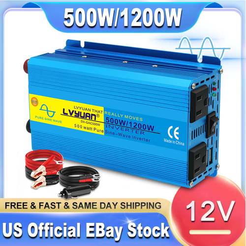 Pure Sine Wave 12V to 110V Power Inverter 500W 1200W Converter Caravan vehicle