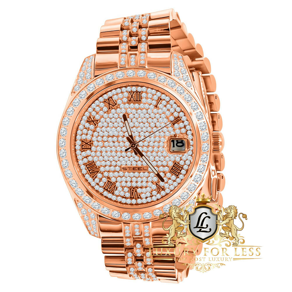 Pre-owned Bling Master Men's Full Steel 18k Yellow Gold Rose Simulated Diamond Presidential Watch 40mm