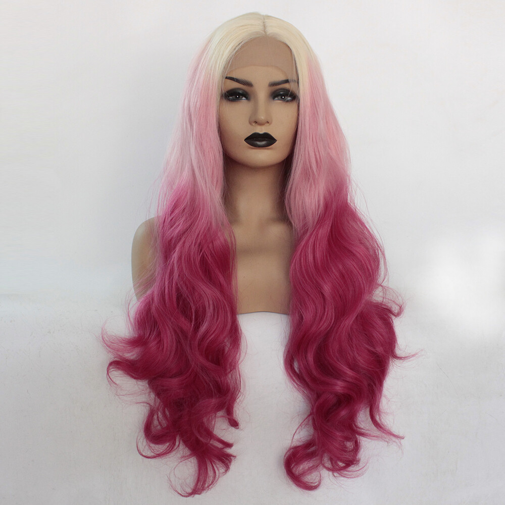 Blonde Ombre Pink Lace Front Wig Long Body Wave Synthetic Wavy