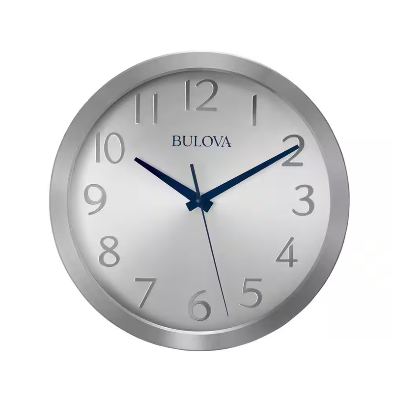 Metal Wall Clock Silent Sweep Quartz Analog Silver Blue Hands Arabic Numbers