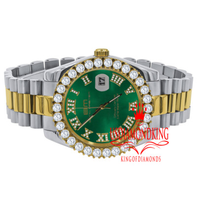 Pre-owned Bling Master 18k 2 Tone Gold Solid Steel Green Dial Simulated Diamond Presidential Mens Watch