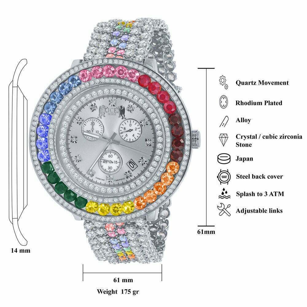 Pre-owned Ice House Mens Custom Watch Rainbow Multi Tone Real Diamond Dial 18k White Gold Finish Xxl
