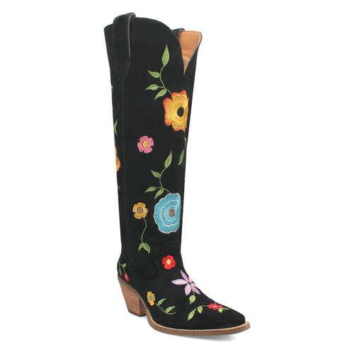 Pre-owned Dingo Flower Power Embroidered Floral Snip Toe Cowboy Womens Black Casual Boots