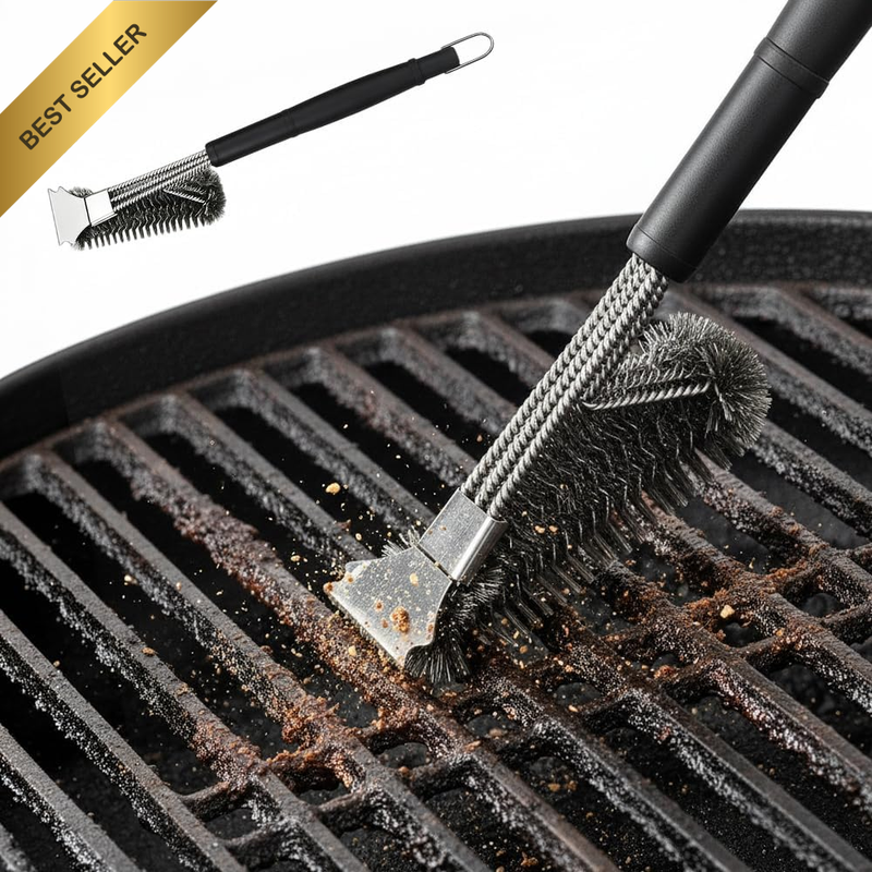 3-In-1 Grill Brush and Scraper for Outdoor BBQ, Heavy Duty Stainless Steel Brist