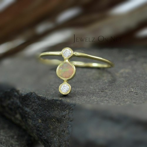 Pre-owned J.o.n 14k Gold Genuine Diamond And Opal Three Stone Ring Fine Jewelry Size - 3 To 8 Us In White