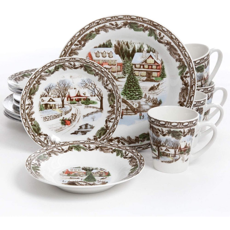 Home Winter Holiday Toile Stoneware 16-Piece Dinnerware Set, Multicolored