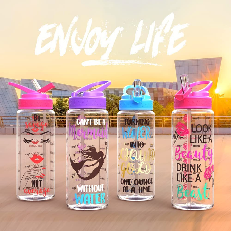 Home Tune 32oz Motivational Water Bottle with Straw & Time Marker, BPA Free Trit