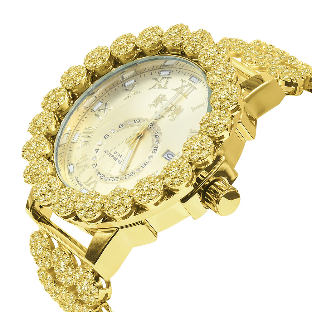 Pre-owned Icy Men's Gold Canary Real Diamonds Roman Dial Flower Band Bezel Gold Tone Watch