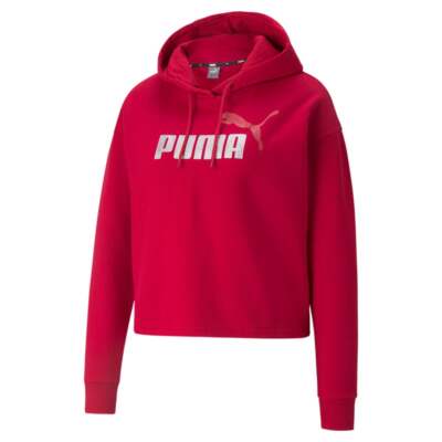 Укороченный пуловер с металлическим логотипом Puma Ess+, женская красная повседневная верхняя одежда с капюшоном 5868