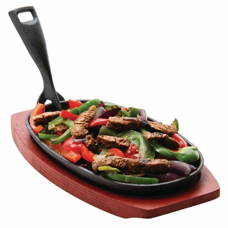 Sizzle Platter Steak Fajita Serving Dish Sizzling Plate + Wooden Base