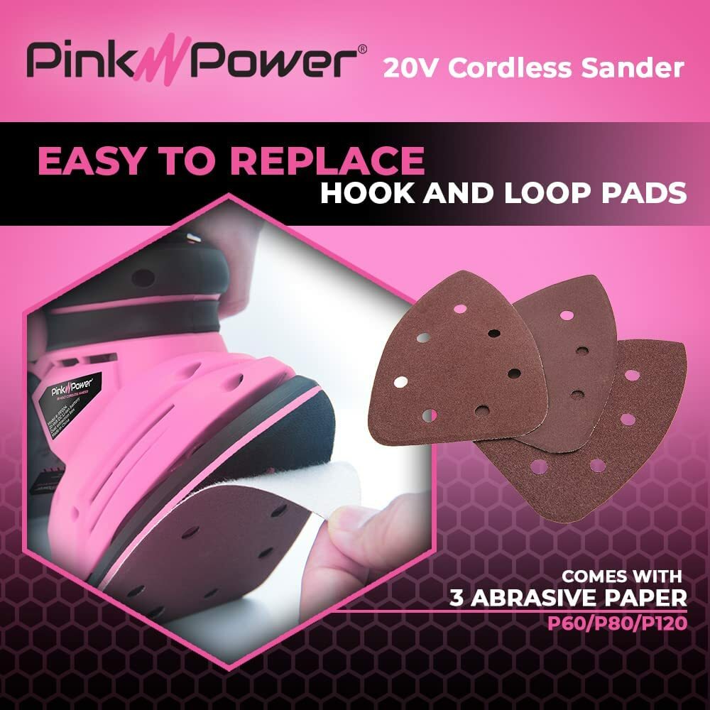 Pink Power PP204 20V Small Detail Sander Cordless Electric Mini Handheld