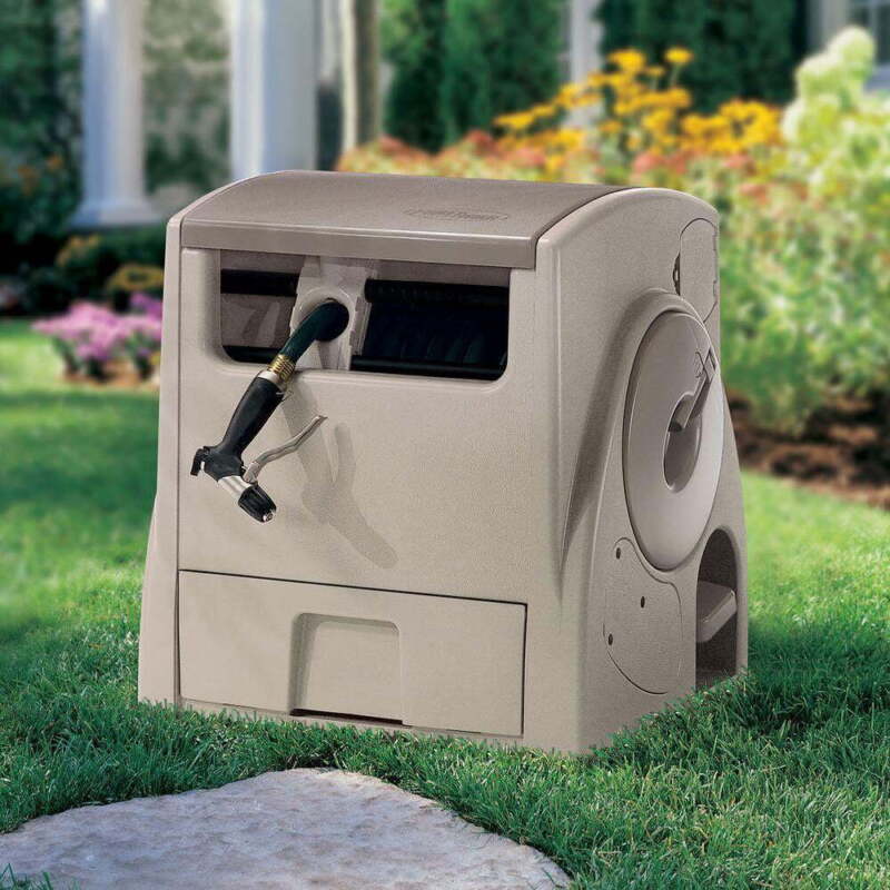 100FT Power Rewind Water Hose Reel Retractable Hideaway Garden Yard Deck Storage