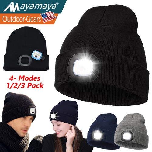 Unisex Rechargeable LED Beanie Hat Knit Winter Light Up Headlamp Cap USB Warm