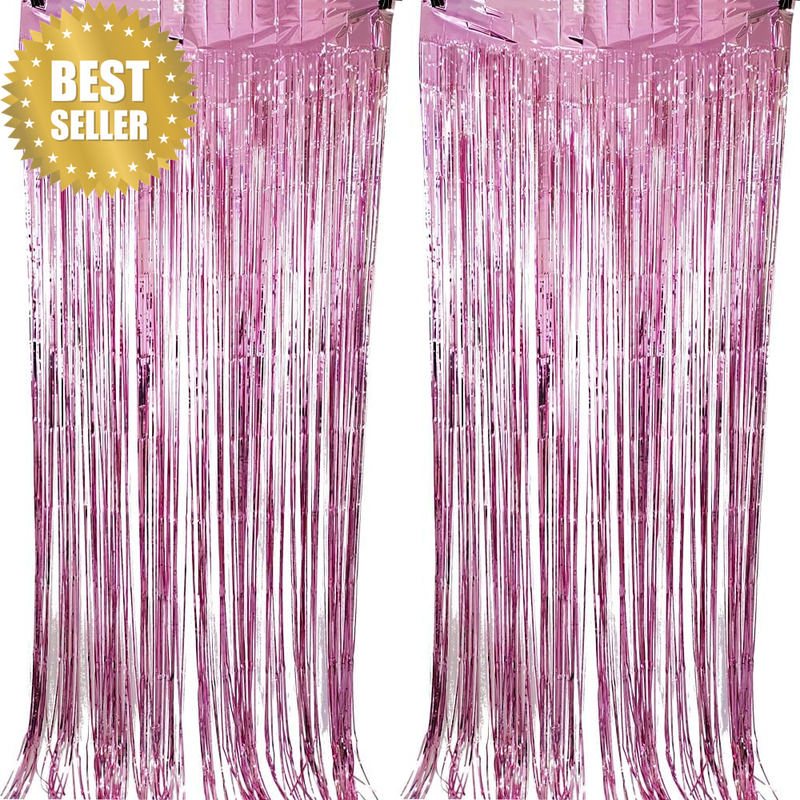 2 Pack Pink Foil Fringe Curtains Metallic Tinsel Party Backdrop Decor
