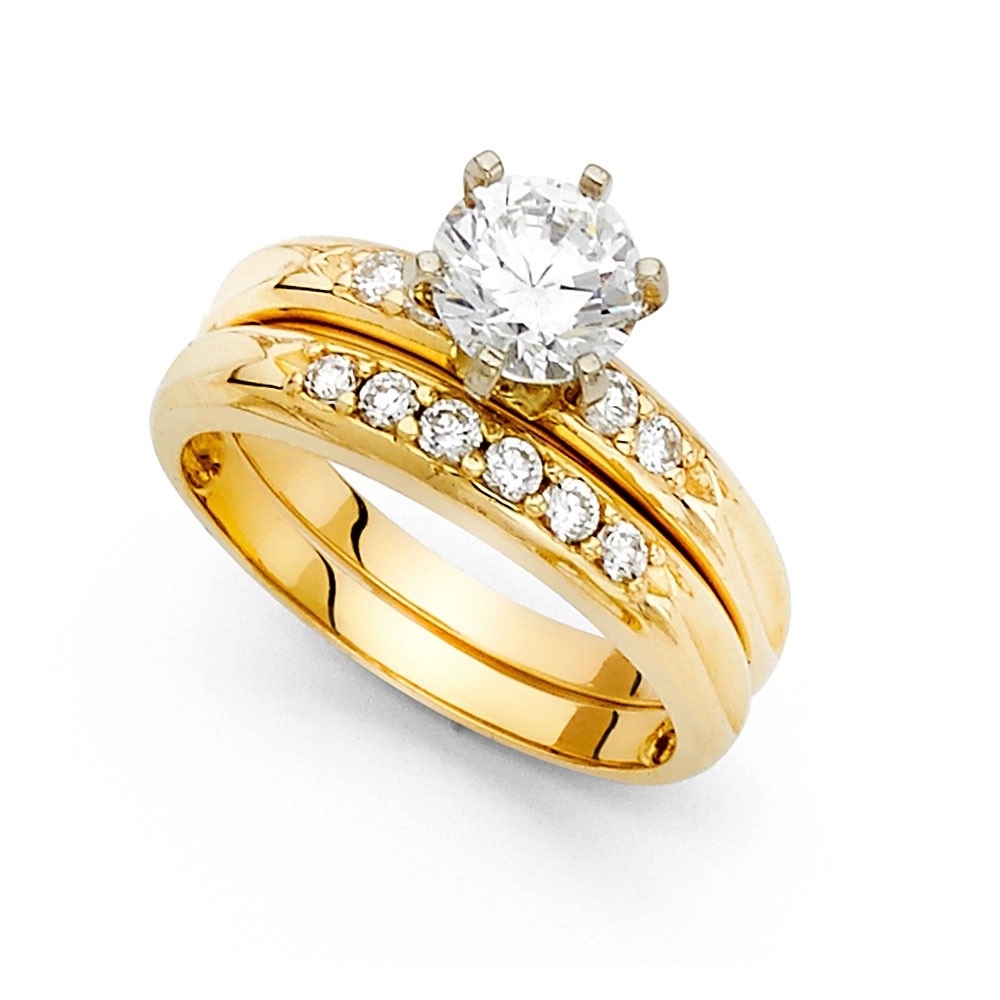 14k Yellow OR White Gold CZ Engagement Ring & Wedding Band