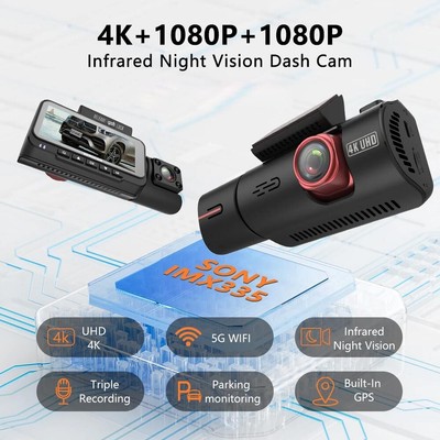 4K+1080P+1080P 3Channel Dash Cam 5G WiFi GPS 24H Parking Mode DVR Driving Record