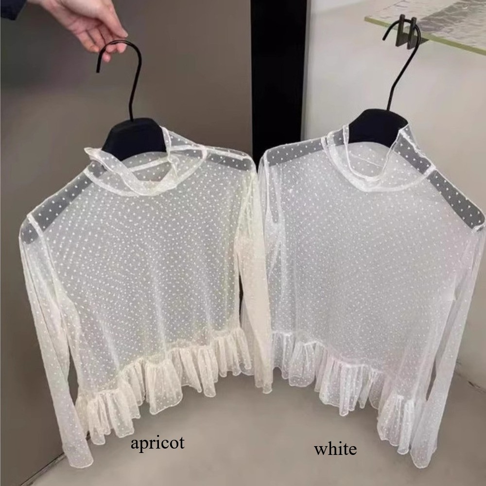 Punkte Spitze Peplum Bluse Basic T-Shirts Damen Langarm Sheer Durchsichtig