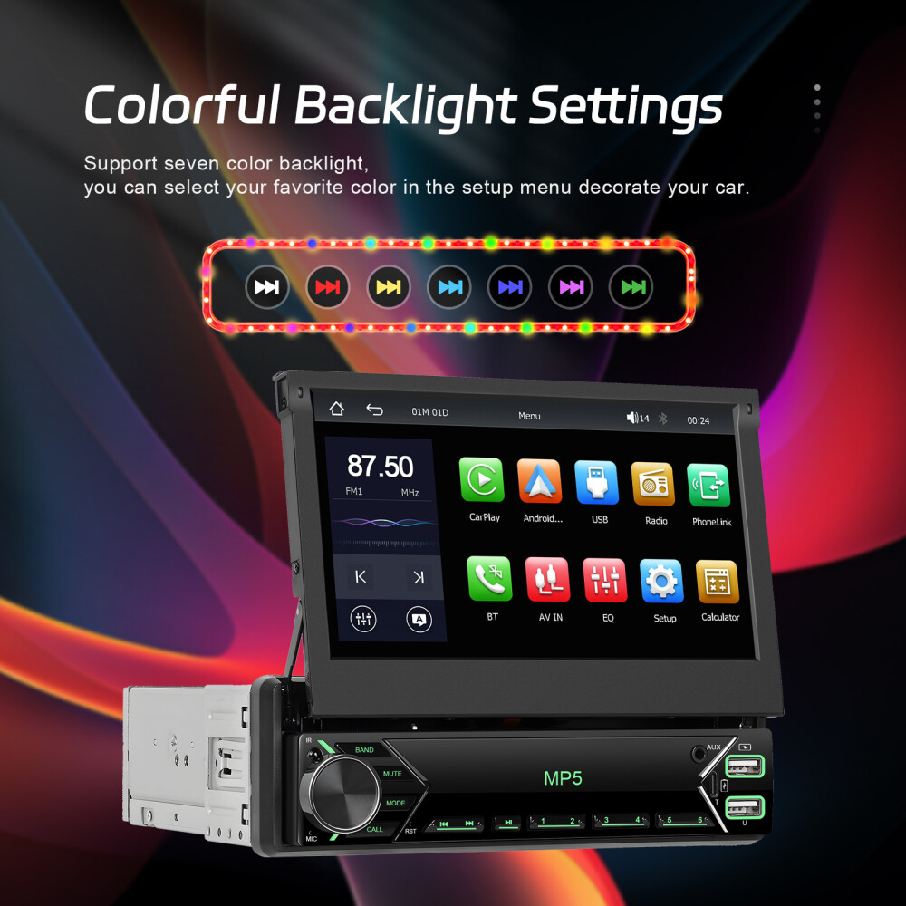 Single 1DIN 7" Car Stereo Radio Apple Carplay Android Auto GPS Flip Out Screen