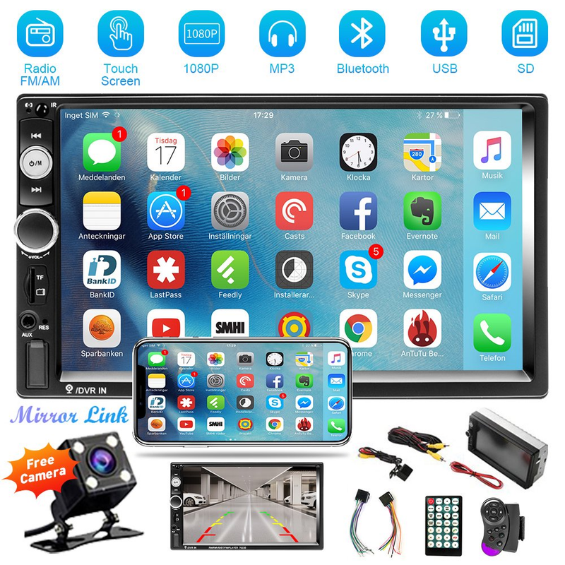 12V Double 2 DIN 7" HD MP5 Touch Screen Car Video Player Bluetooth USB FM AUX