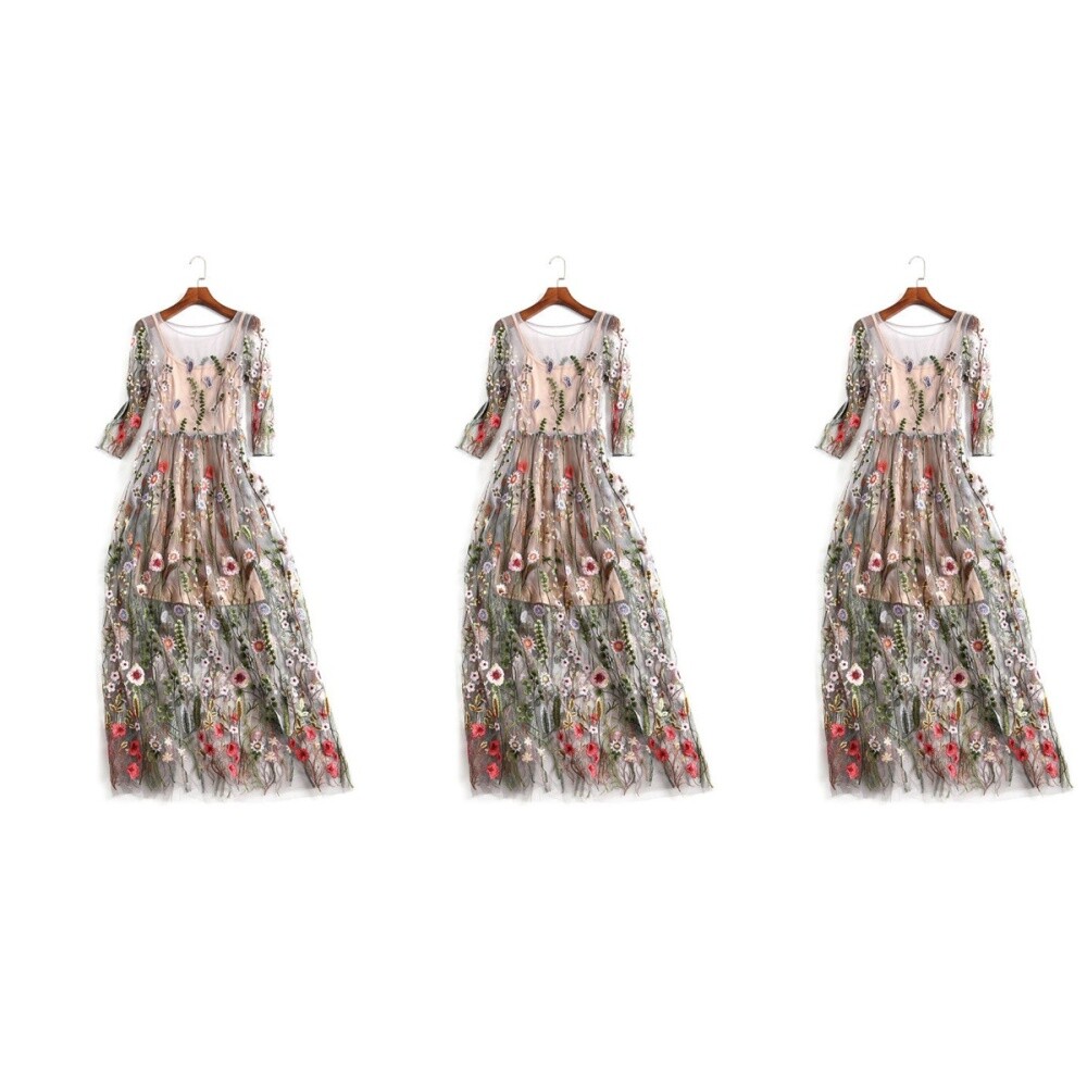 MARKENLOS FRAUEN LANGES BLUMEN-BESTICKTES KLEID HALBARM-TÜLLKLEID ELEGANTES, SCHMALES