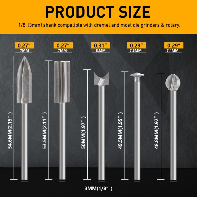 Wood Carving Drill Bits Set Compatible with Dremel Rotary Tool 5 Different Engra
