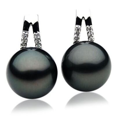 Pre-owned Pacific Pearls® Genuine Tahitian 11 Mm Diamond Black Classic Pearl Stud Earrings