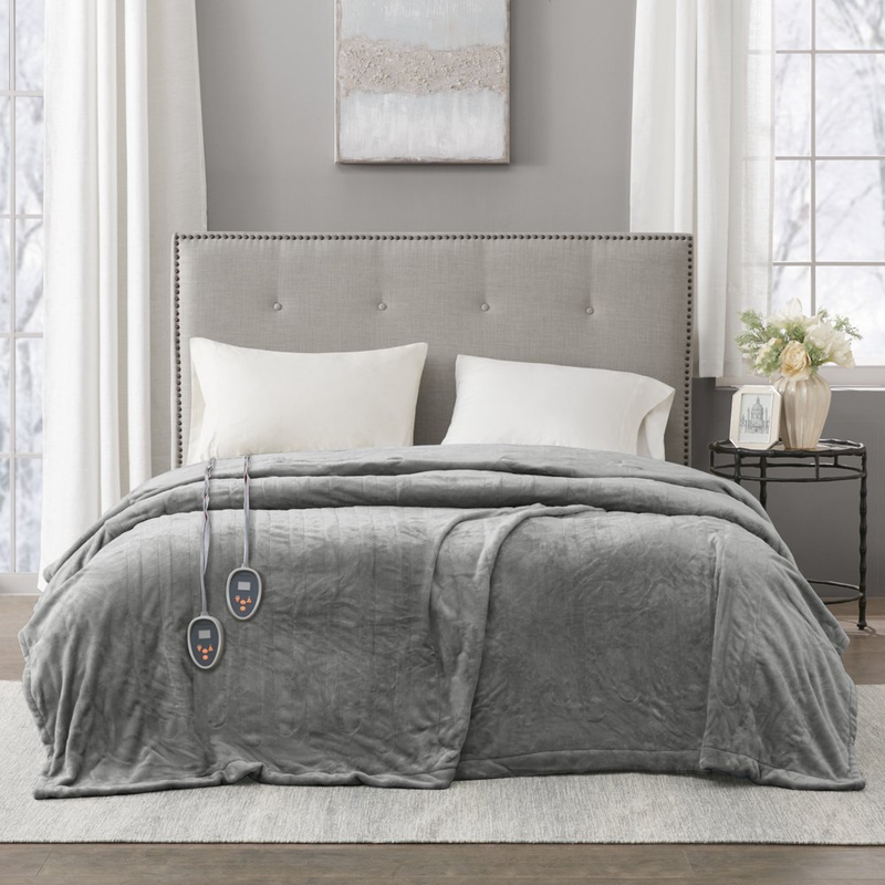 Electric Heated Blanket King Size Gray Soft Plush Auto Shut Off