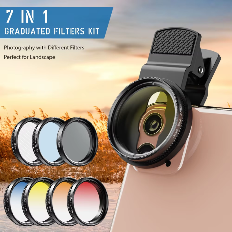 APEXEL 7 IN 1 camera Phone Lens Kit 37mm Graduate Red Blue Yellow Filters+CPL ND
