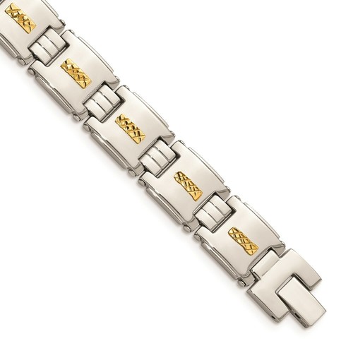 Pre-owned Chisel Stainless Steel Polished W/14k Gold D/c Link Bracelet In White