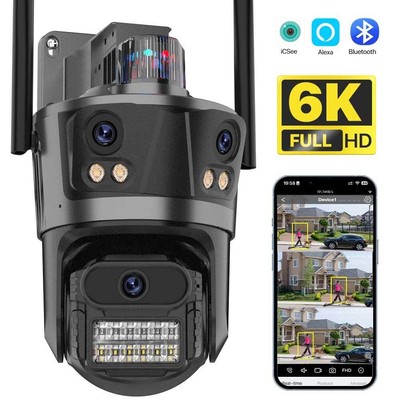 WiFi IP Security Camera 3-Lens Three Screens 6K Cam CCTV Video Surveillance PTZ