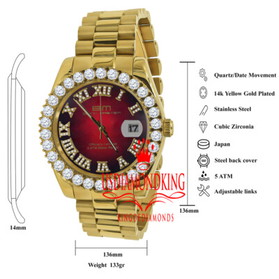 Pre-owned Bling Master Mens Full Steel Red Dial 18k Gold Tone Simulated Diamond Presidential Watch 42mm