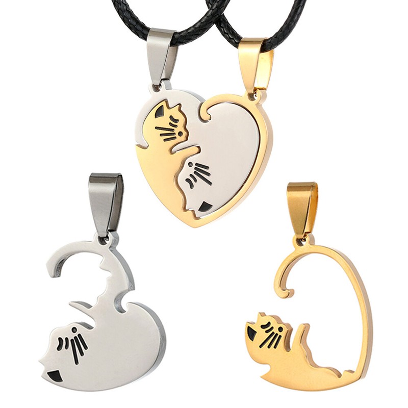 2Pcs Cat Couple Lover Pendant Stainless Steel Pet Puzzle Matching Necklace