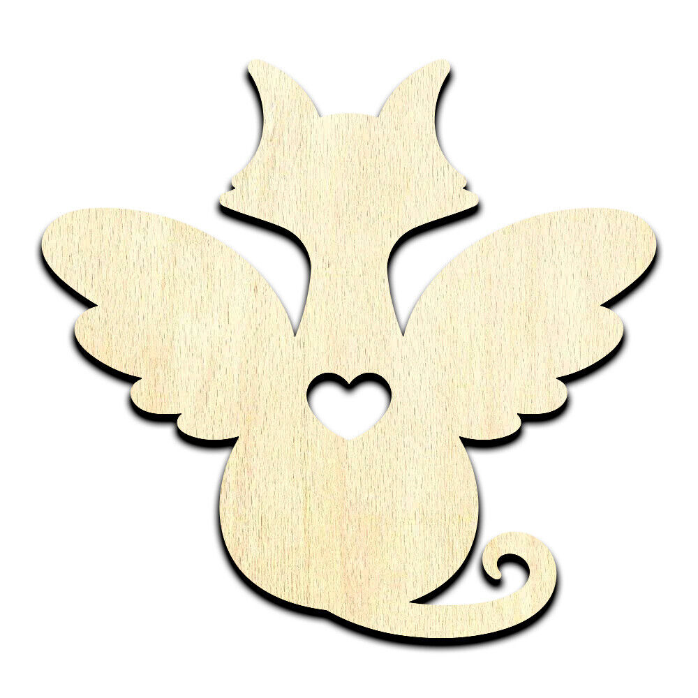 Cat Angel with Heart Laser Cut Out Unfinished Wood Shape Craft