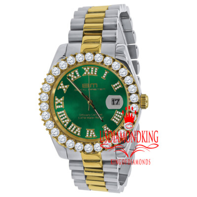 Pre-owned Bling Master 18k 2 Tone Gold Solid Steel Green Dial Simulated Diamond Presidential Mens Watch