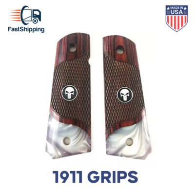 1911 Full Size Checkered Rosewood Grips Acrylic Pearl BOTTOM W/ BLACK PUNISHER