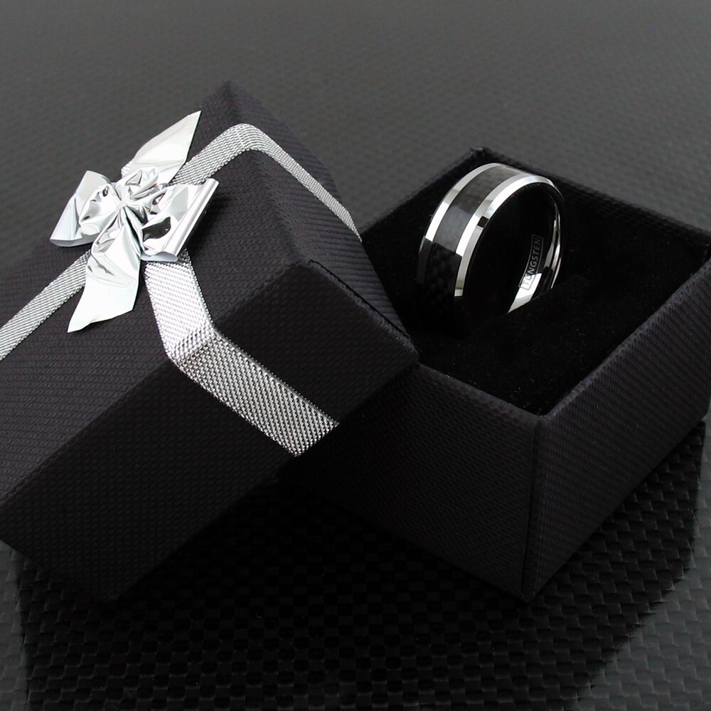 Tungsten Carbide Men's Ring Silver with Black Carbon Fiber Stripe Wedding Band