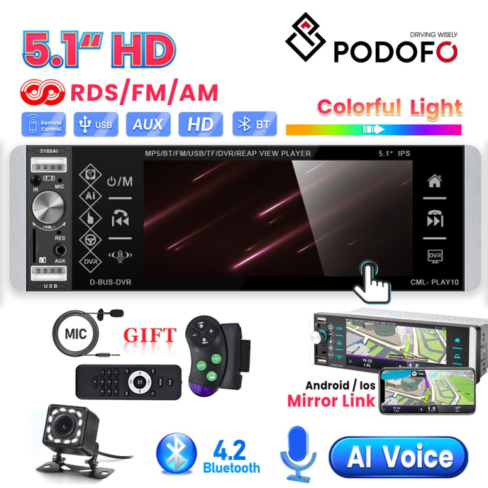 Одиночный автомобильный стерео 1 DIN 5.1 с сенсорным экраном RDS AM FM-радио BT USB AUX + Микрофон / Камера