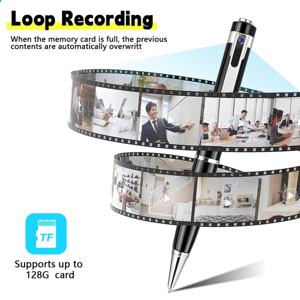 Spy pen camera with loop recording feature up to 128GB.