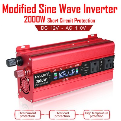 LCD 2000W Power Modified Inverter Car Converter DC12V to AC110V 4Sockets 60HZ 