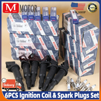 6PCS Ignition Coil & Spark Plugs Set 0221504470 For Bosch BMW E46 E60 E90 330i