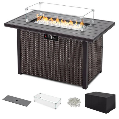 Nuu Garden Gas Fire Pit 50000Btu Brown Wicker Outdoor Propane w/Glass Wind Guard