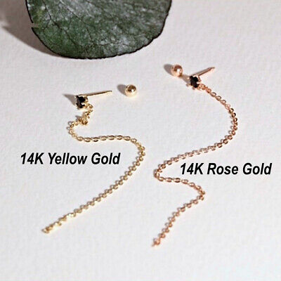 JNK Solid 14K Rose Gold Black Cubic Piercing Long Drop Dangle Only A Earring