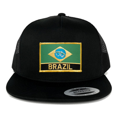 FLEXFIT 5 Panel Brazil Embroidered Flag and Text Iron On Patch Snapback Mesh Cap